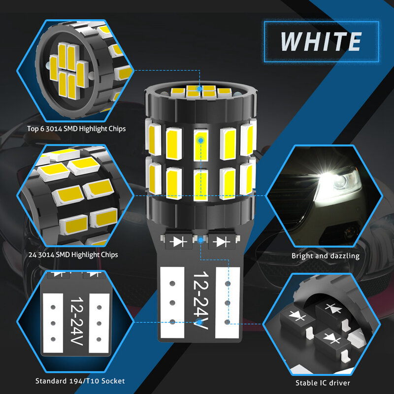 10pcs T10 LED Canbus Bulbs For BMW E90 E60 White 168 501 W5W LED Lamp Wedge Car Interior Lights 12V 6000K Red Amber yellow Blue