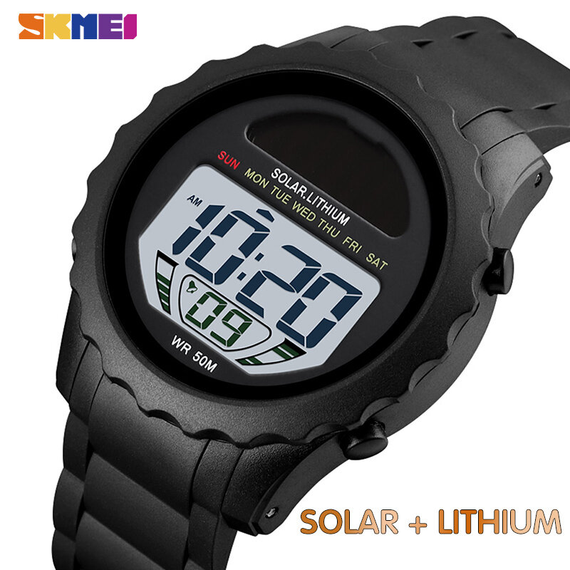 Skmei relógio digital esportivo com bateria de lítio, relógio cromo à prova d'água com data, relógio masculino de esporte com fonte solar para homens montre 1585