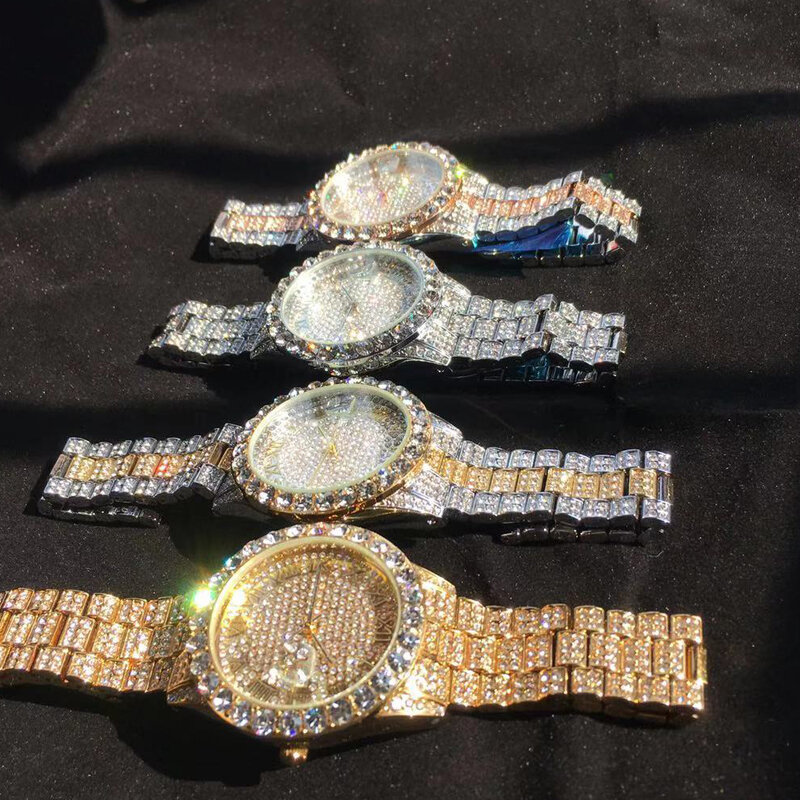 Plein Bling grand diamant montre pour hommes glacé-Out Hip Hop hommes montres à Quartz étanche Date mâle horloge or acier Relogio XFCS