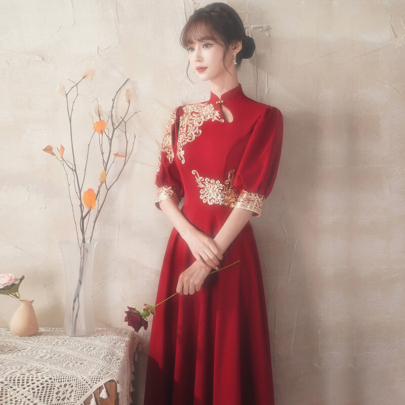 ผู้หญิงจีนไวน์ฤดูร้อนสีแดง Cheongsam งานแต่งงาน/หมั้นชุดสไตล์ยาว-พัฟแขน (ของคุณแขน)-Slim สไตล์
