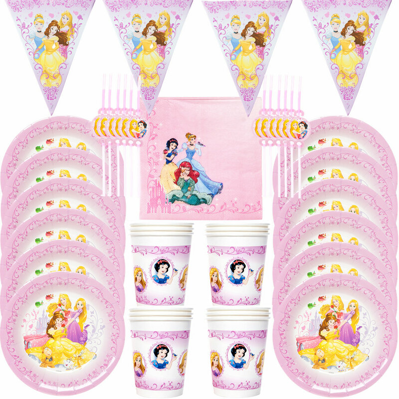 Juego de vajilla desechable con temática de princesa de Disney, decoración para fiesta de cumpleaños de niños, Baby Shower, suministros de cumpleaños para niñas