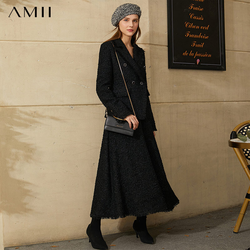 Amii Minimalism ฤดูหนาวผู้หญิง Blazer ชุด Elegant Woolen แจ็คเก็ตสูงเอวกระโปรงสีดำชุดแฟชั่นชุดสูทสำนักงาน12030279