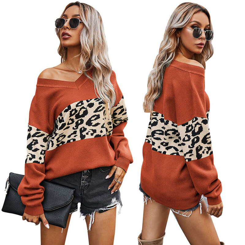 SEBOWEL casuales de Otoño de las mujeres de manga larga Jersey de punto Mujer leopardo Color de impresión bloque sueltos jerseys Tops ropa
