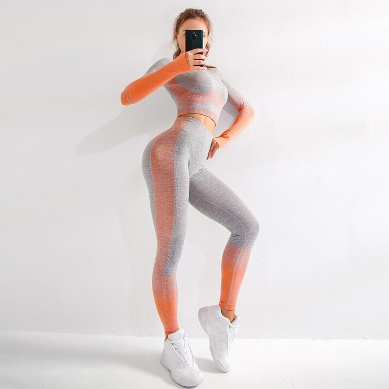 Sem costura de fitness yoga conjunto feminino manga longa apertado listrado superior ternos esportivos roupas esportivas ginásio elástico yoga workout leggings & camisa