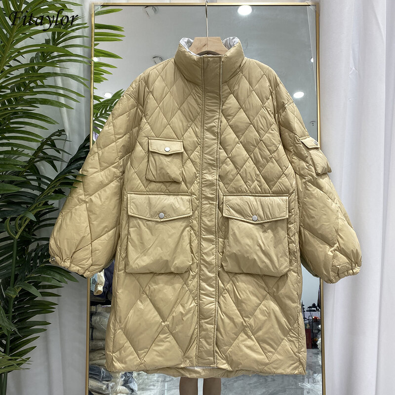 Inverno gola leve pena longa jaqueta feminina 90% pato branco para baixo solto casaco quente à prova de vento manga nova outwear