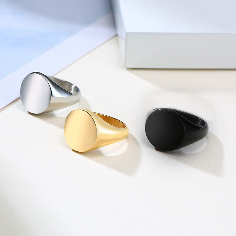 Anel de sinete vnox chique, anel de 14mm de aço inoxidável brilhante, redondo, minimalista, joias personalizadas
