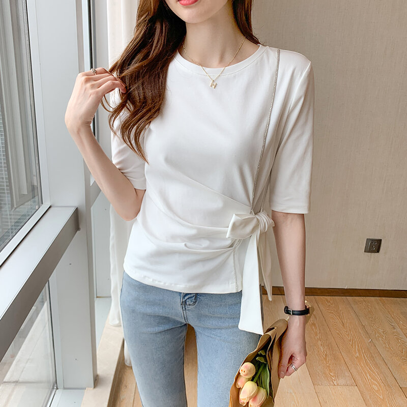Camisa feminina blusa chiffon arco cintura para baixo camisas de manga curta superior roupas femininas 2021 moda bandagem o-pescoço blusa dobras camisas