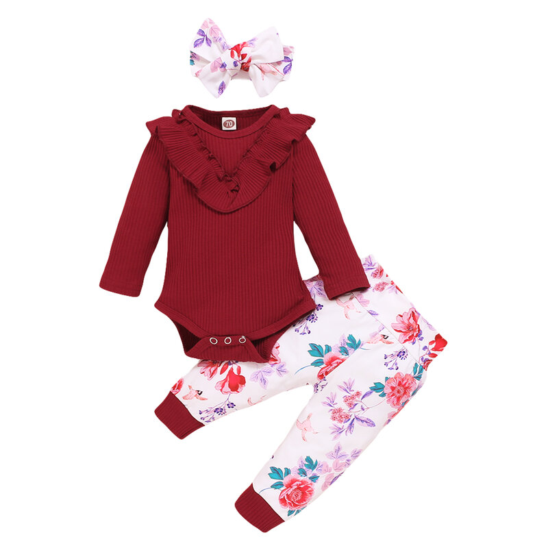 Conjunto de ropa para niña recién nacida, mono liso de manga larga y cuello redondo para niño pequeño, pantalones florales y Diadema de 0 a 18M 2020