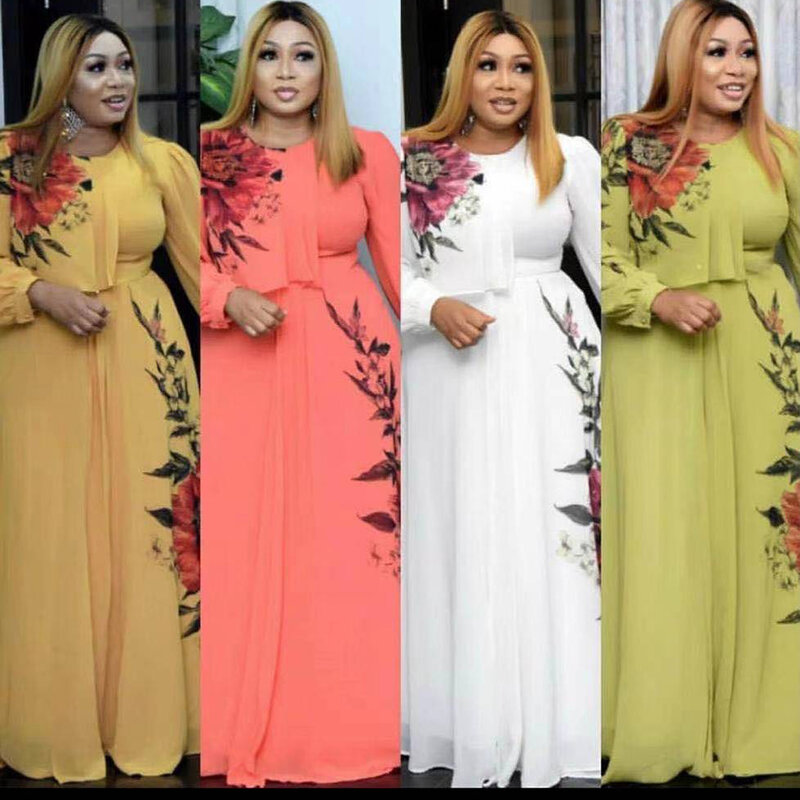 MD 2021 Sommer Kleider Für Frauen African Druck Chiffon Abaya Ankara Dashiki Maxi Kleid Langarm Elegante Damen Kleidung Boubou