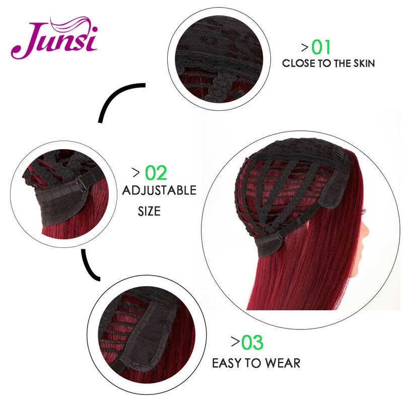 JUNSI  Long  Straight  Red  Synthetic Wigs for Women Natural Hairline  Heat Resistant Fiber Natural Looking Wig