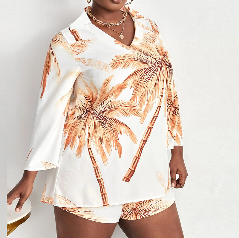 Plus Size Coconut Tree Print Top Vintage Flare Sleeve Blouse Shirt  Single Breasted Women Top Oversize Turn Down Collar Shirts