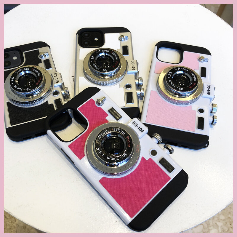 De Lujo 3D modelo de cámara funda para teléfono para iPhone 11 Pro Max X XR XS 8 7 6 6s Plus con correa Cool moda cubierta móvil chica Dropship