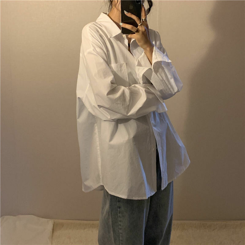 HOUZHOU สีขาว Casual Basic เสื้อ Oversize ฤดูใบไม้ร่วง Office Lady หญิงหลวม Bf เกาหลีสไตล์เก๋ผู้หญิงเสื้อ All-Match แฟชั่น
