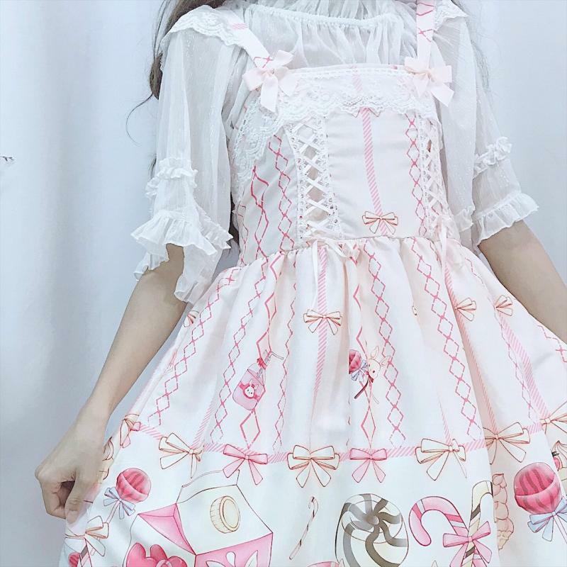 Japanese JSK Lolita Kawaii Pink Dress Women Summer Sweet Soft Girl Wind Cute Cartoon Lolita Suspender Dress Cute Costume