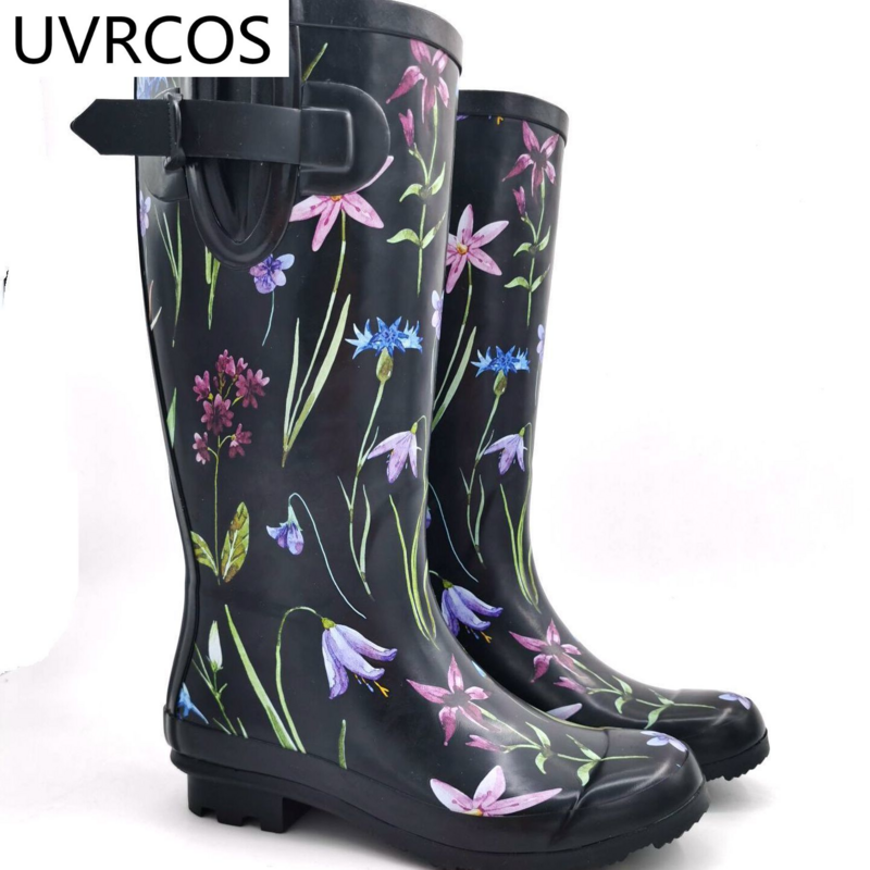 امرأة للماء احذية المطر النساء الربيع/الخريف Rainboots طباعة الإناث الركبة عالية الأحذية عدم الانزلاق أحذية خفيفة أنيقة الكالوشات