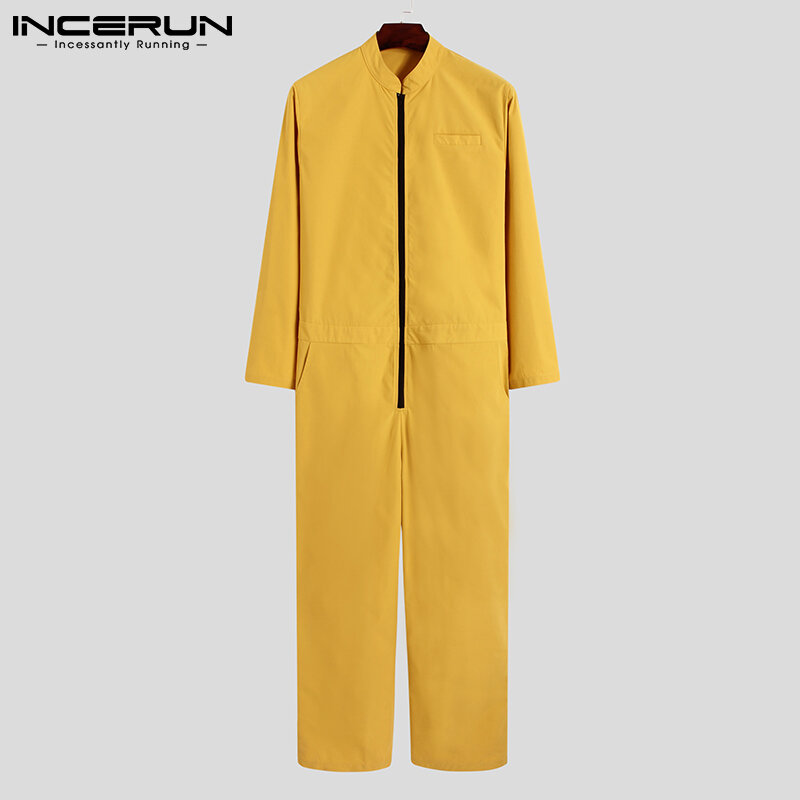 Fashion Casual Streetwear Men Rompers Party Nightclub Front Zipper Solid Color Comfortable Long-sleeved Jumpsuit S-5XL INCERUN