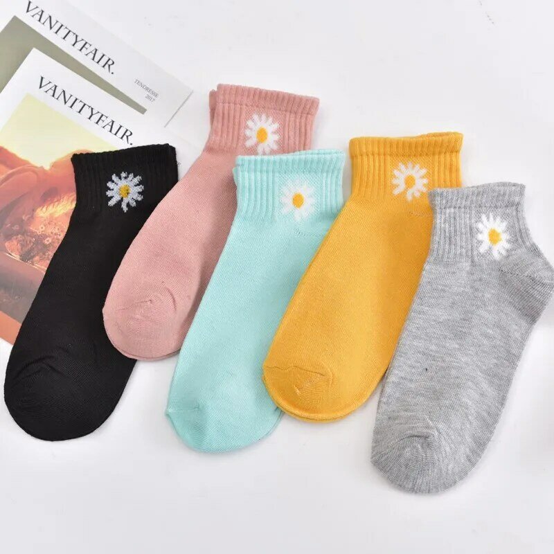 Носки с маленькими маргаритками кавайные дамские однотонные повседневные короткие носки для студенток женские носки розовые милые искусс...