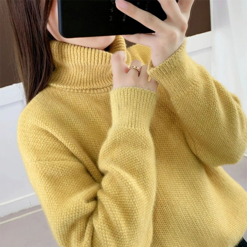 Autumn and winter women's high collar solid color knit long sleeve sweater Harajuku fashion versatile warm bottom sweater tops