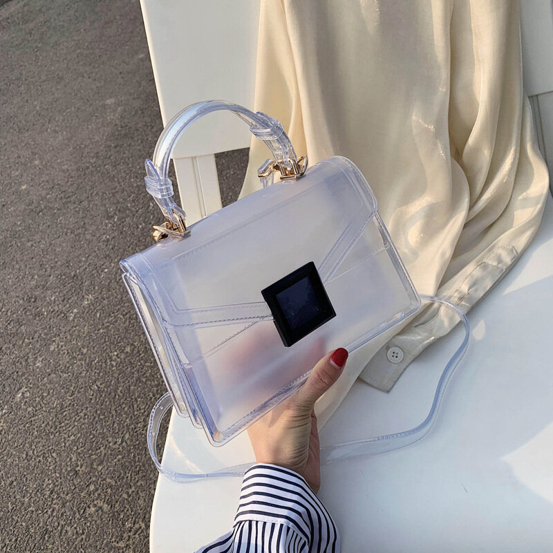 Сумка-желе женская, простая прозрачная маленькая квадратная сумочка в диагональную клетку, лето 2020