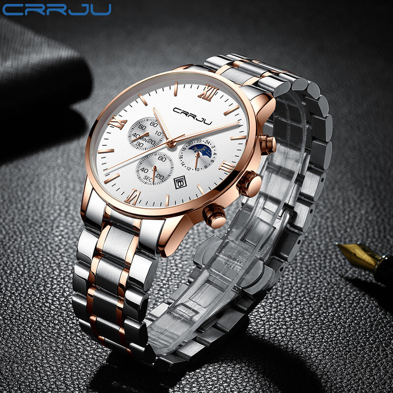 Crrju chronograph relógio de quartzo masculino simples moda casual vestido aço inoxidável relógios 30 m diário data à prova dlogiágua relogio 2159