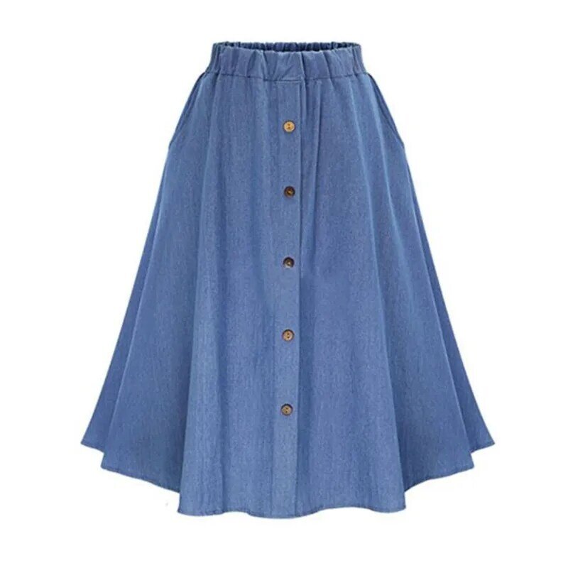 Модная женская юбка в Корейском стиле, однотонная длинная юбка, Женская Повседневная Джинсовая юбка на пуговицах с завышенной талией и широ...