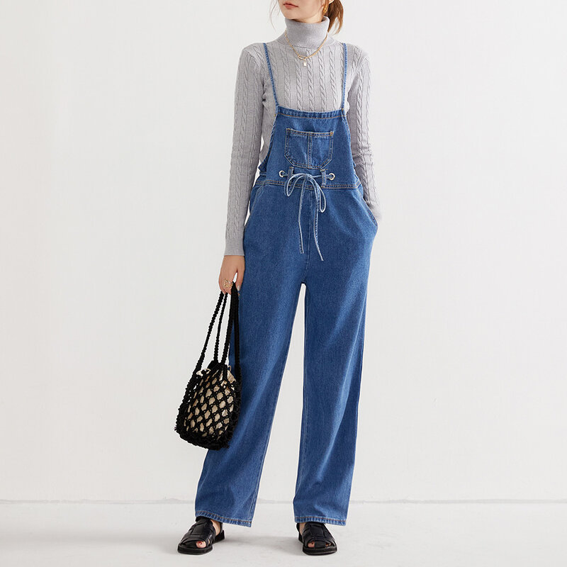 Outono macacão feminino 2021 comprimento total bolso rendas-up solto casual calças sólidas estilo coreano das senhoras roupas femininas jeans longos