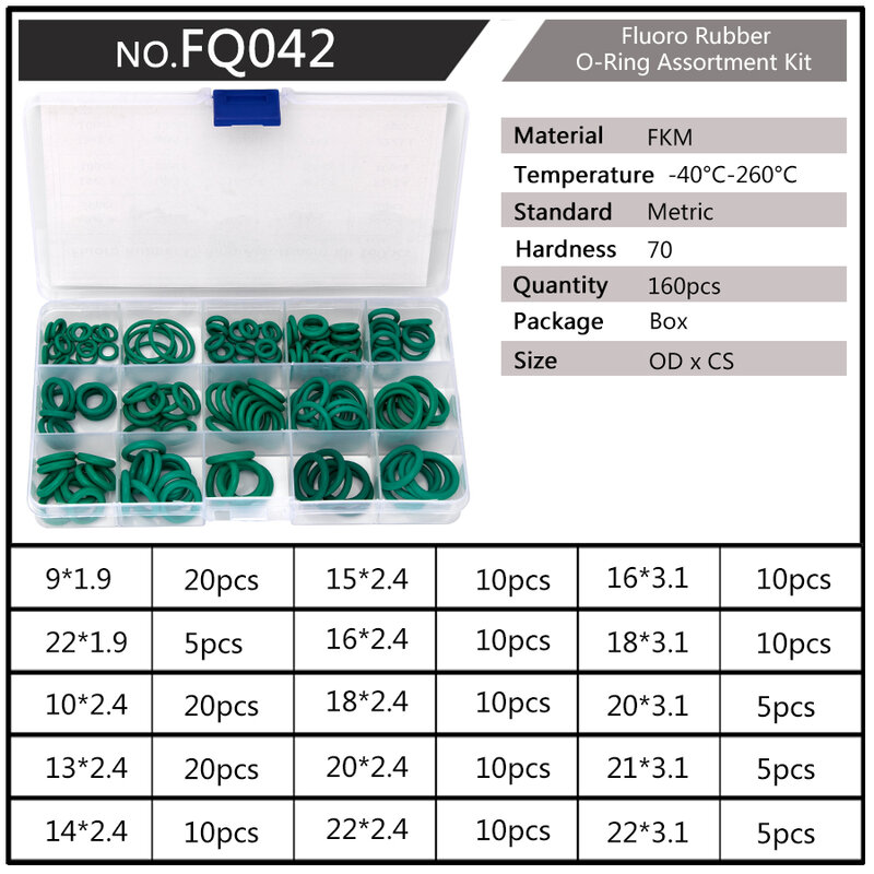 O-ring di tenuta in gomma fluoro FKM 150-225 pezzi OD 6mm-35mm CS 1mm 1.5mm 1.9mm 2.4mm 3.1mm kit di sostituzione guarnizioni verdi S16