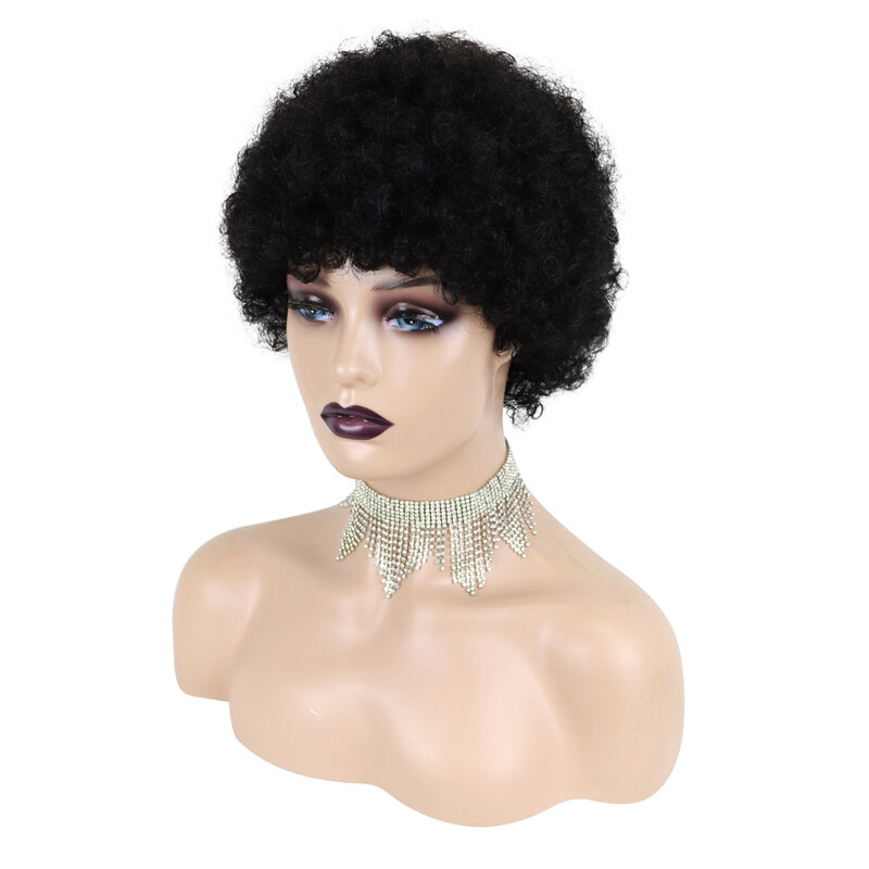 Barato perucas de cabelo humano curto pixie corte peruca afro encaracolado para as mulheres preto natural venda a granel remy perucas de cabelo humano máquina feita peruca
