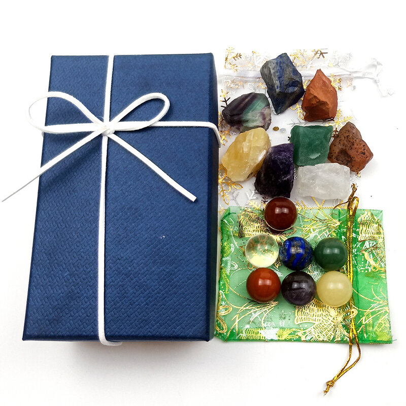 7チャクラ天然水晶ミニ球とラフ石chakelaギフトボックス治癒エネルギー宝石瞑想装飾品