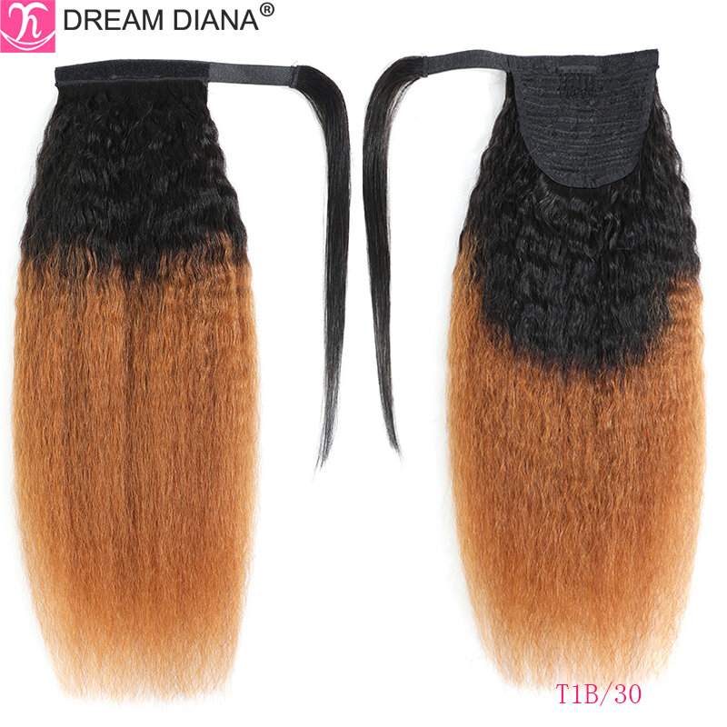 Dreamdiana ombre brasileiro kinky reta cordão rabo de cavalo 100% grampo de cabelo humano em extensões de cabelo ombre remy rabo de cavalo