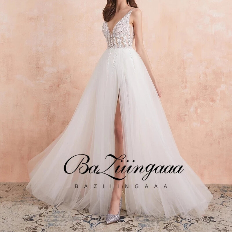 Gaun Prom Putih Gaun Malam Lengan Panjang 2021 V dengan Belahan Tinggi Bermanik Rendah Kain Tule Sapu Tanpa Lengan Robe Backless De