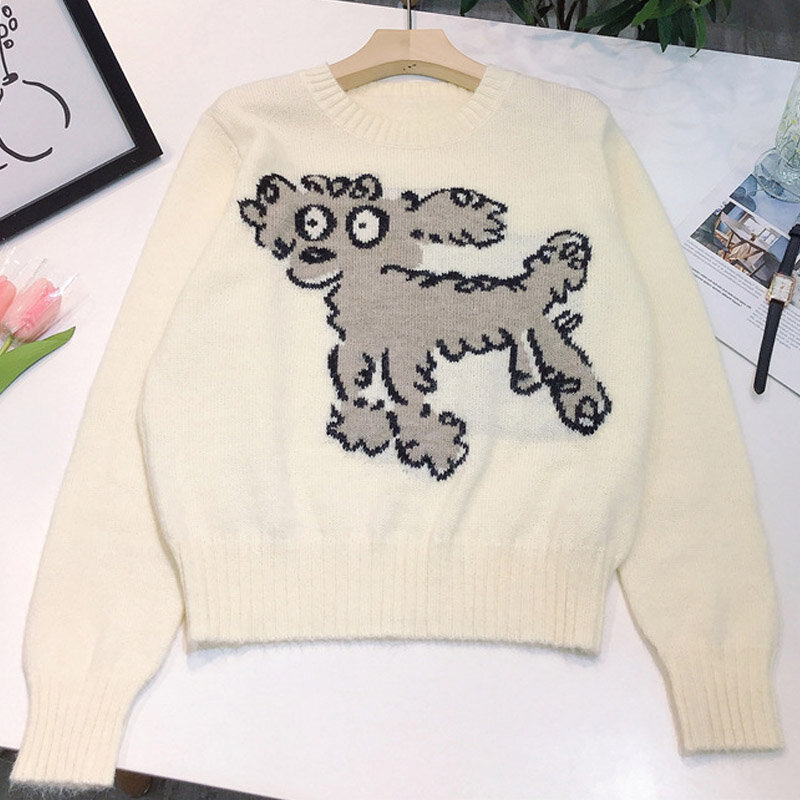 Animal Print Knitted Women Sweater Long Sleeve Casual Oversize Sweater Top 2021 Autumn Winter Women's Jumper Pullover White Blue