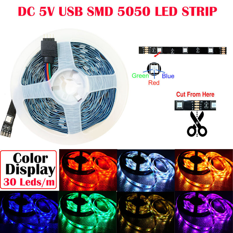 RGB LEDストリップライト,USB 5V,フレキシブルライトリボン,白色,ダイオード,寝室,tira TV,30LED/m,5050