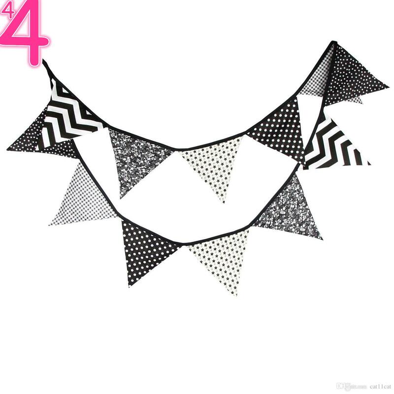 Double Sided Black and White Cotton Fabric Pennant Flag Bunting Banner Baby Shower Birthday Party Christmas Decor