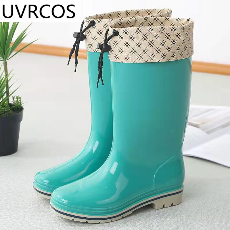 New Women Solid Color Mid-Calf Rain Boots PVC Waterproof Water Shoes Wellies Comfortable Non-Slip Rubber Keep Warm Rainboots