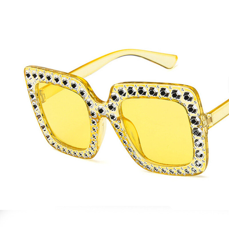 Kacamata Hitam Antik Berlian Imitasi Persegi Besar Kacamata Hitam Desainer Merek Mewah untuk Kacamata Hitam Kebesaran Kristal Fashion Wanita