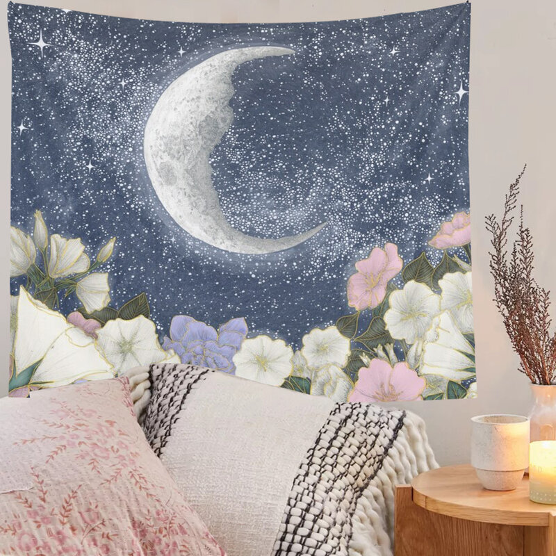 Moonlight Garden Wall Hanging Tapestry Moon Floral Throw Blanket Home Decor Wall Hanging Bohemian Wall Tapestries Retro Art