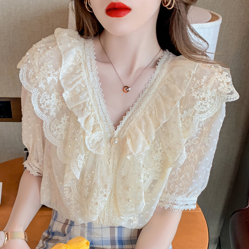 Botão vintange blusa feminina camisas 2021 moda verão elegante gola v camisa de renda manga curta plissado flores feminino topo 03j