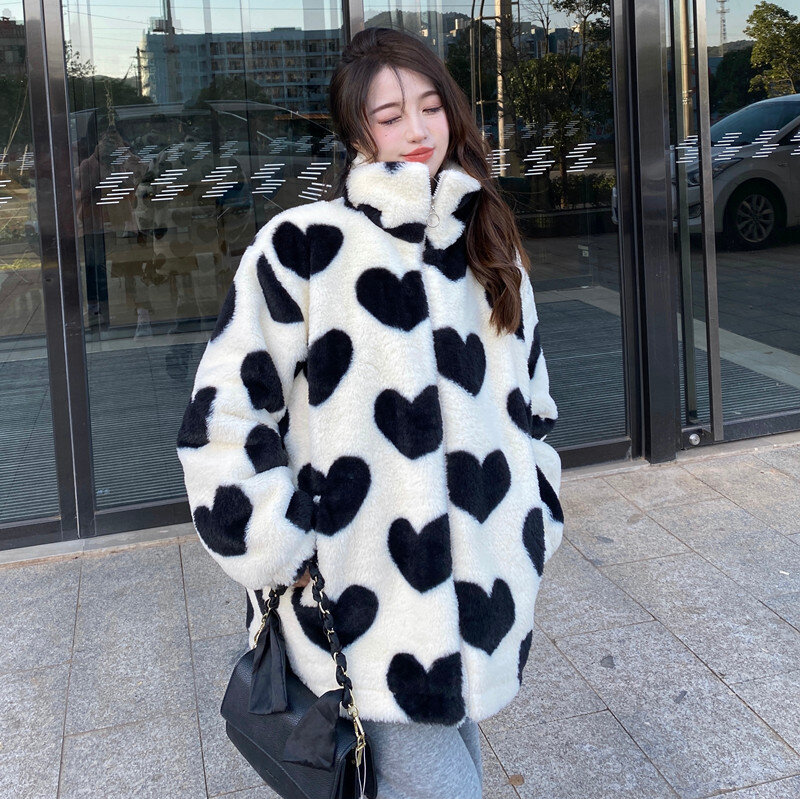 Parkas moda damska nowy bawełniany kardigan luźna miłość imitacja wełny owczej Plus aksamitna ocieplana bawełna płaszcz kobieta 843i