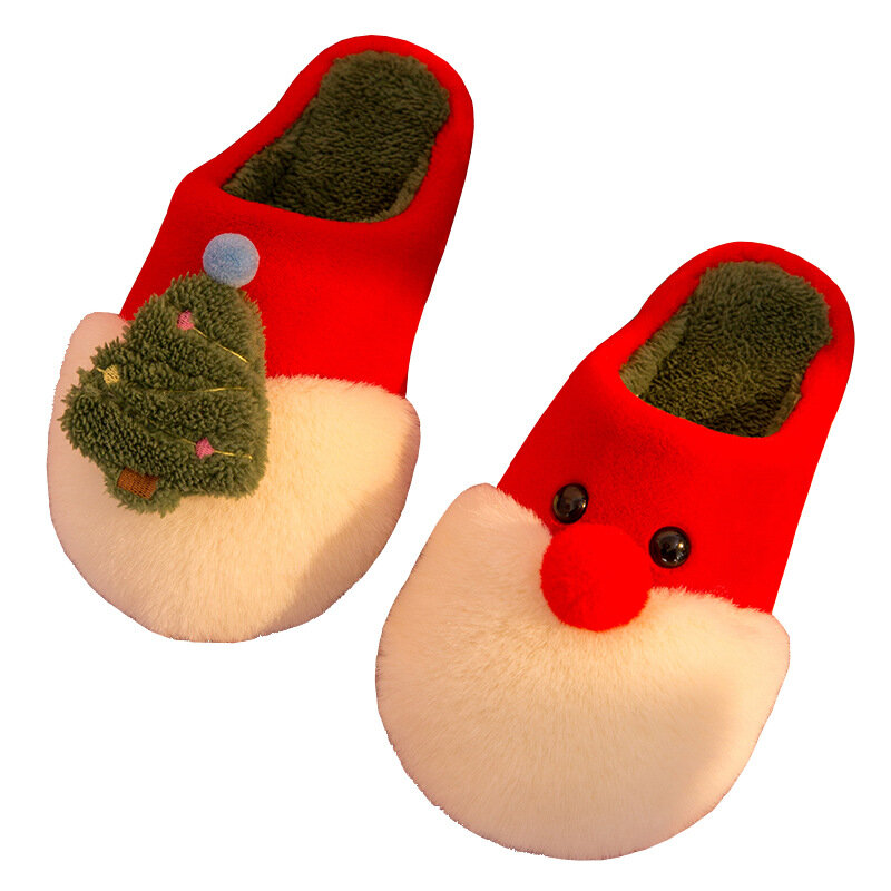 Zapatillas peludas navideñas para mujer, pantuflas de algodón con dibujos animados de Navidad, bonitas zapatillas de felpa para el hogar, pantuflas de algodón cálidas para interiores