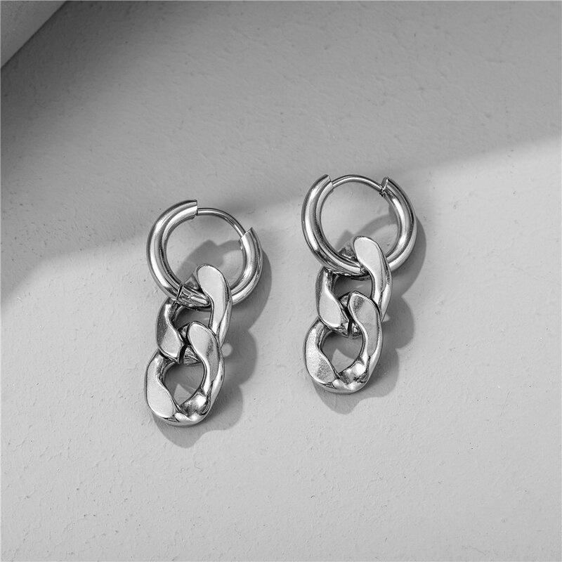 7Rings Hip Pop Style Punk Silver Earrings for Women Men Studs Earrings with Chain Stainless Jewelry Accessories Gifts