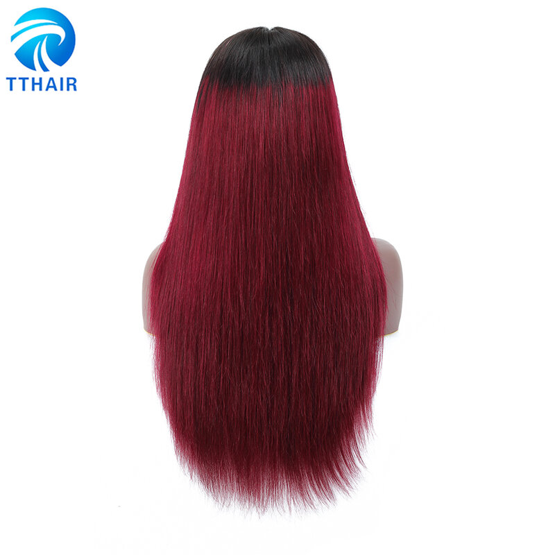 TTHAIR – perruque brésilienne naturelle Remy, cheveux lisses, couleur bordeaux ombré, 4x4, avec bonnet en dentelle transparente