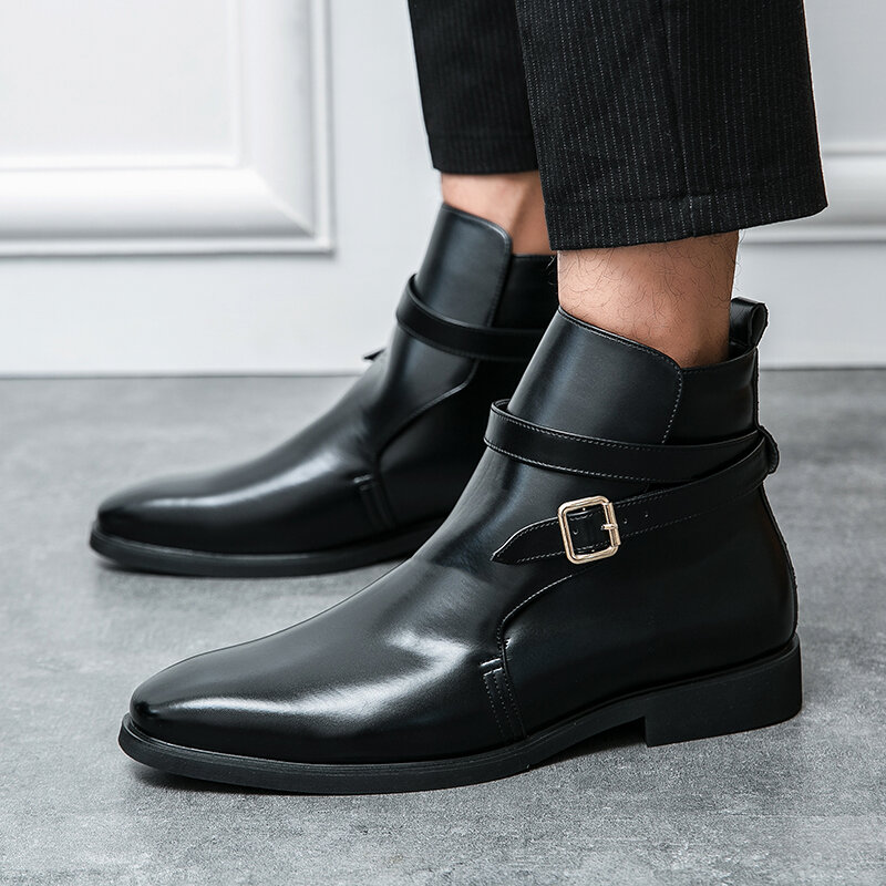 Zapatos hechos a mano de PU de Color sólido para hombre, botines de vestir con hebilla de cinturón clásica de alta gama, cómodos, a la moda, combinan con todo, 3KC715