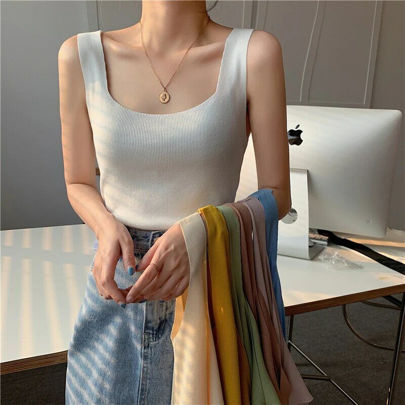 Chaleco de verano sin mangas cuello redondo Jersey sólido 2021 estilo coreano Tops de las mujeres camiseta Top ropa para mujer 925 #