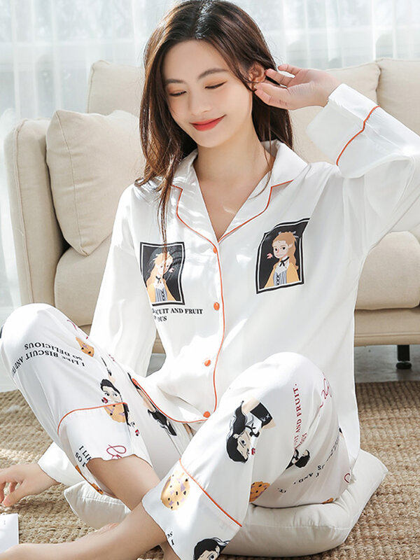 Mùa Xuân Năm 2022 Nữ Ice Silk Bộ Đồ Ngủ Bộ In Hình 2 Chiếc Pyjamas Femme Đồ Ngủ Cao Cấp Giả Lụa Pijama Mujer "Homewear