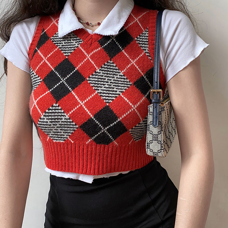 Phụ Nữ Cổ Chữ V Kim Cương Kẻ Sọc Áo Len Dệt Kim Cách Học Áo Crop Tops Vintage Vest Không Tay