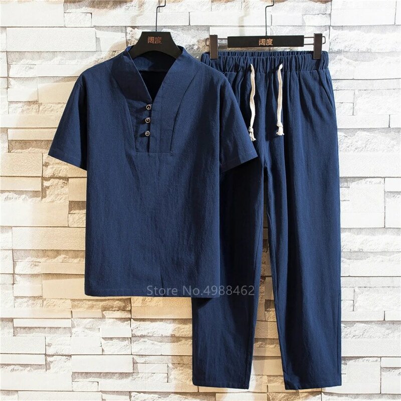 Summer Chinese Style Linen Tang Suit Traditional Clothing Men Short Tai Chi Uniform Retro V-neck Short Sleeve Shirt Pants Set