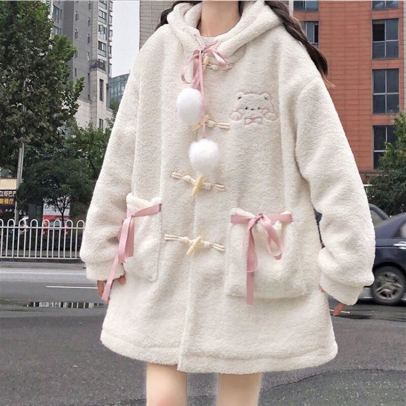 Manteau artificiel Lolita pour femmes, Cardigan d'hiver mignon Kawaii, manteaux en laine d'agneau à capuche, étudiant coréen, ample, rembourré, vêtements en coton, nouveau