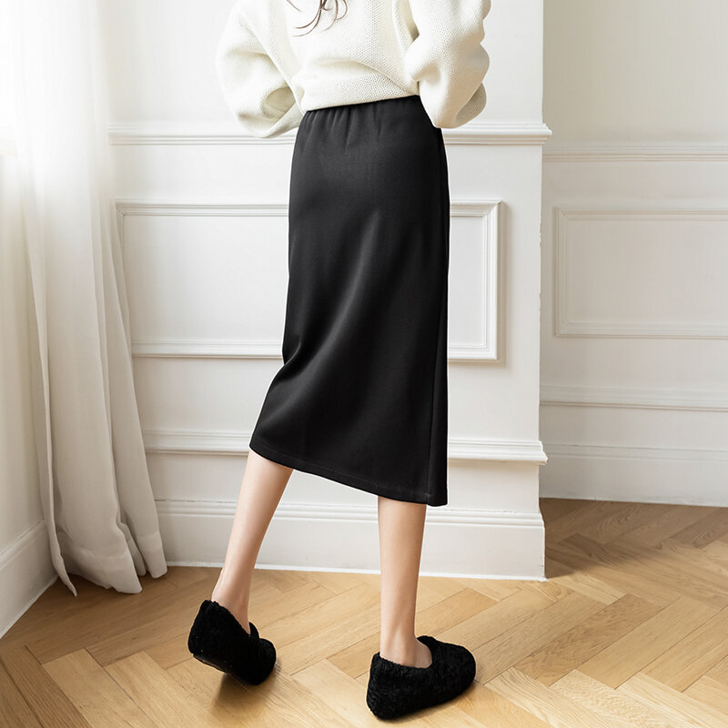 Hebe&Eos Women's Black Skirt High-waisted Skirt With Side Slit Midi Skirts Vintage Elegant Fashion Belt Knitted Skirt Winter