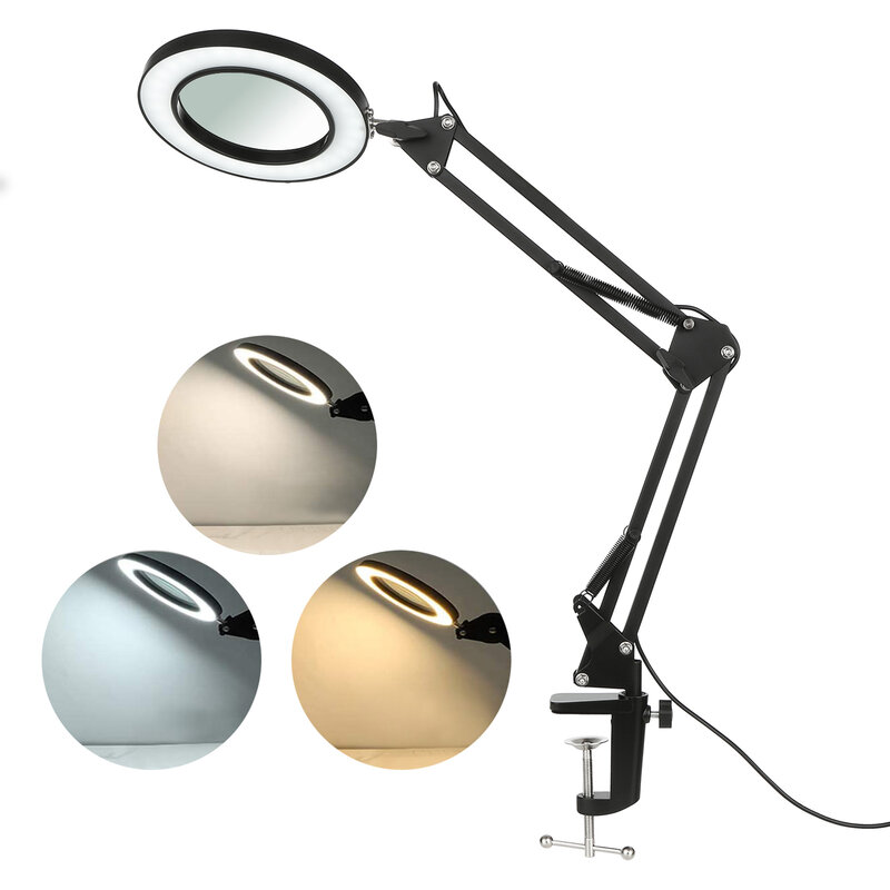 8x Illuminated Magnifier Glass Flexible Clamp-on Table Lamp Swing Arm Dimmable LEDs Desk Light 3 Color 10 Levels Work Read Light